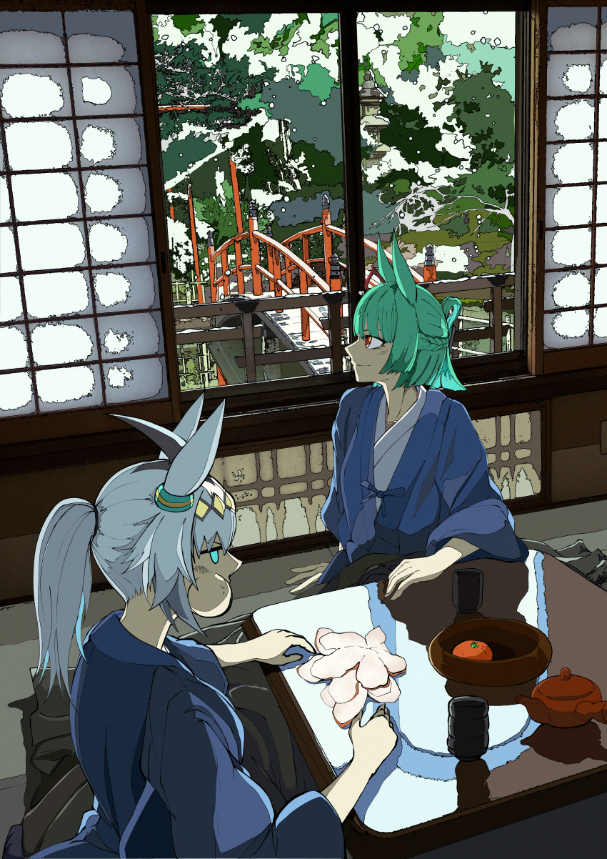 2girls absurdres ahoge alternate_hairstyle animal_ears blue_eyes blue_hair braid bridge cheek_bulge commentary_request cup ear_ornament eating folded_ponytail food french_braid fruit fujimasa_march green_hair grey_hair hairband hanten_(clothes) highres horse_ears horse_girl japanese_clothes jitome jose_(joseeidossei) kimono kotatsu light_blue_hair long_hair long_sleeves mandarin_orange multiple_girls oguri_cap_(umamusume) ponytail red_eyes reflection shouji sidelocks sideways_glance sliding_doors snow snowing table tree umamusume umamusume:_cinderella_gray winter wooden_railing yellow_hairband yukata yunomi