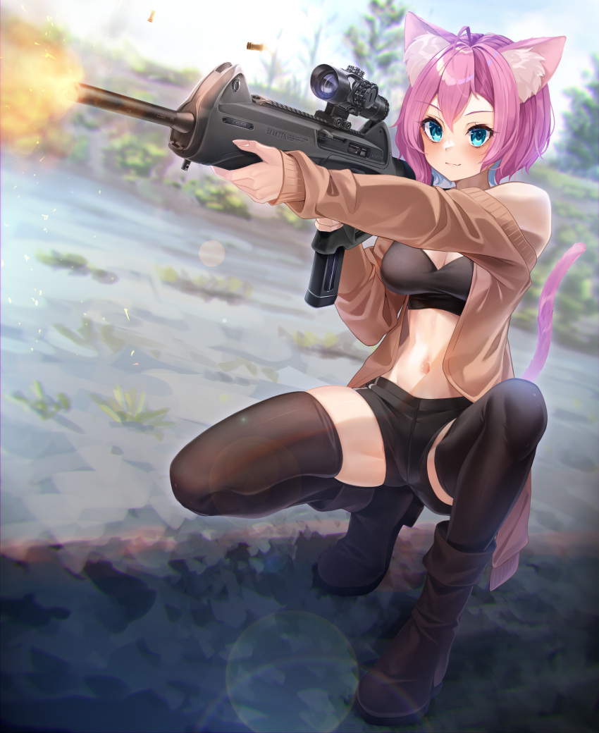1girl absurdres animal_ears beretta_cx4 black_thighhighs blue_eyes boots cardigan cat_ears cat_girl cat_tail commission crop_top enpera_(jdud8375) firing gun highres holding holding_gun holding_weapon lens_flare muzzle_flash navel open_cardigan open_clothes original outdoors pink_hair shell_casing short_hair short_shorts shorts skindentation solo squatting tail thigh-highs weapon