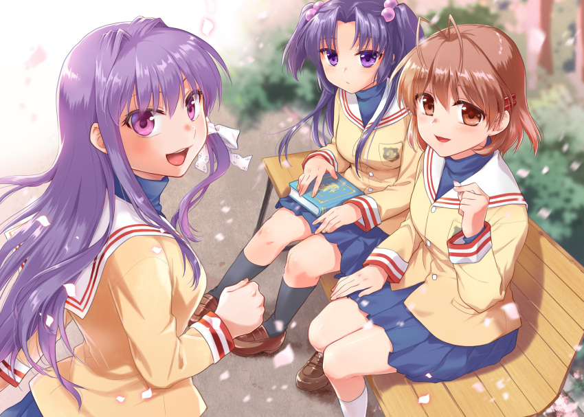 3girls :d absurdres antenna_hair bench black_socks blue_hair blue_skirt blush book breasts brown_eyes brown_footwear brown_hair cherry_blossoms clannad closed_mouth commentary_request expressionless falling_petals floating_hair fujibayashi_kyou furukawa_nagisa hair_bobbles hair_intakes hair_ornament hair_ribbon hairclip hand_up highres hikarizaka_private_high_school_uniform holding holding_book ichinose_kotomi jacket kneehighs loafers long_hair long_sleeves looking_at_viewer medium_breasts medium_hair miniskirt misaki_juri multiple_girls open_mouth outdoors parted_bangs petals pleated_skirt purple_hair ribbon sailor_collar school_uniform second-party_source shoes short_hair sidelocks sitting sitting_on_bench skirt smile socks two_side_up very_long_hair violet_eyes white_sailor_collar yellow_jacket
