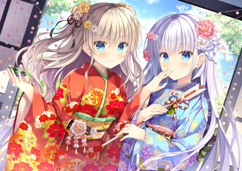 2girls absurdres alternate_costume arrow_(projectile) black_ribbon blue_eyes blue_kimono blue_sky blunt_ends blush charlotte_(anime) closed_mouth clouds colored_eyelashes commentary_request company_connection covering_mouth cowboy_shot crossover dutch_angle eyelashes eyes_visible_through_hair fingernails floating_hair floral_print flower grey_hair hair_between_eyes hair_flower hair_ornament hair_ribbon hand_over_another's_mouth highres holding holding_arrow japanese_clothes kanzashi key_(company) kimono lips long_hair long_sleeves looking_at_viewer multiple_girls naruse_shiroha new_year outdoors parted_lips pink_flower red_kimono ribbon second-party_source side-by-side sidelocks sky smile standing straight_hair summer_pockets takano_yuki_(allegro_mistic) tomori_nao tree two_side_up very_long_hair w_arms wavy_hair white_flower white_hair wide_sleeves yellow_flower yukata