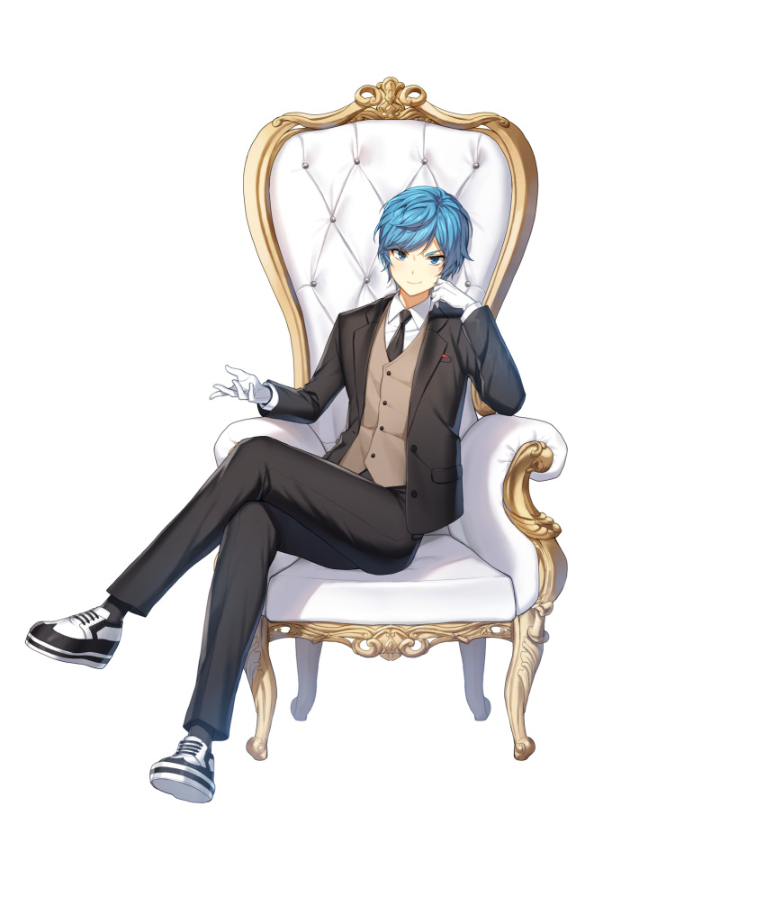 1boy armchair black_jacket black_necktie black_pants black_socks blue_eyes blue_hair brown_vest chair closed_mouth closers collared_shirt crossed_legs elbow_rest full_body gloves hands_up head_rest highres jacket looking_at_viewer male_focus nata_(closers) necktie official_art on_chair outstretched_hand oxfords pants shirt short_hair sitting smile socks solo suit swept_bangs tachi-e v-shaped_eyebrows vest white_background white_footwear white_gloves white_shirt