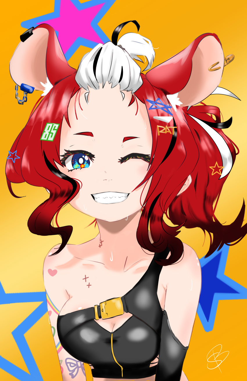 absurdres arm_tattoo blue_eyes cheeky collarbone colorful hakos_baelz highres hololive hololive_english non-web_source redhead smile tattoo virtual_youtuber