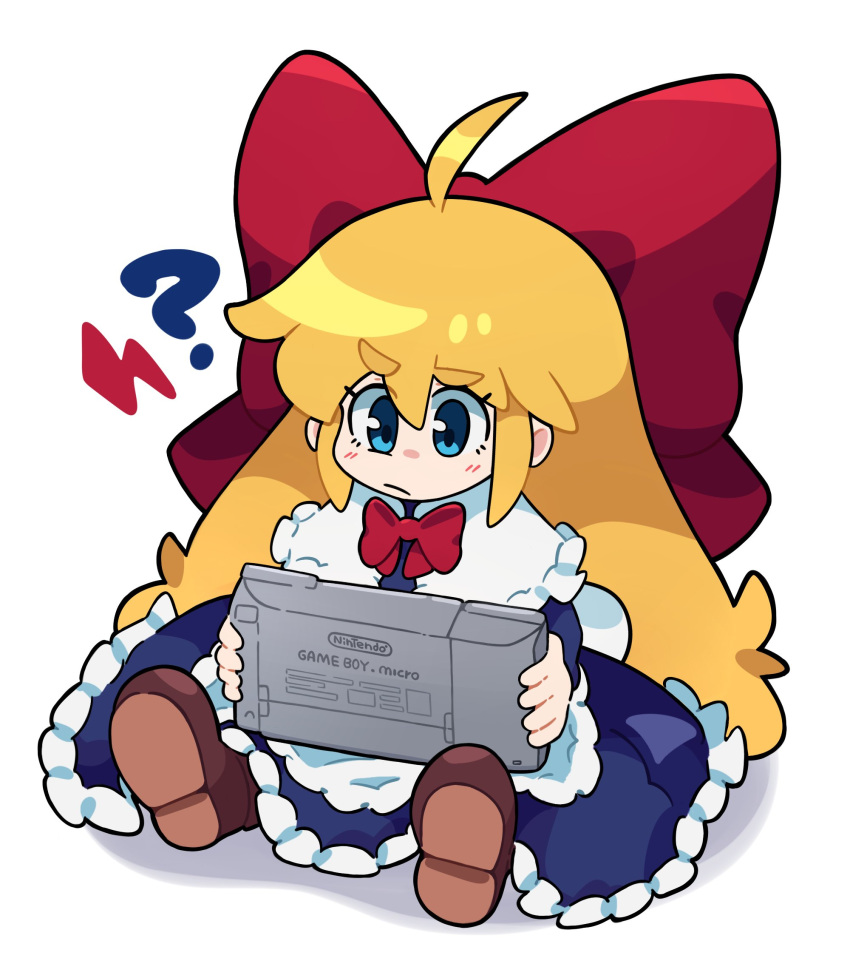1girl ? ahoge blonde_hair blue_dress blue_eyes brown_footwear closed_mouth commentary dress english_commentary frilled_dress frills game_boy hair_ribbon handheld_game_console highres holding holding_handheld_game_console long_dress long_hair long_sleeves maletoh neck_ribbon red_ribbon ribbon shanghai_doll sitting solo touhou very_long_hair