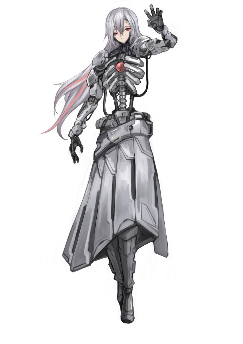1girl absurdres aokuma_(yuuran_create) cable claw_pose commission cyborg full_body grey_hair highres joints long_hair looking_at_viewer multicolored_hair original red_eyes redhead ribs robot_joints science_fiction solo spine streaked_hair two-tone_hair white_background