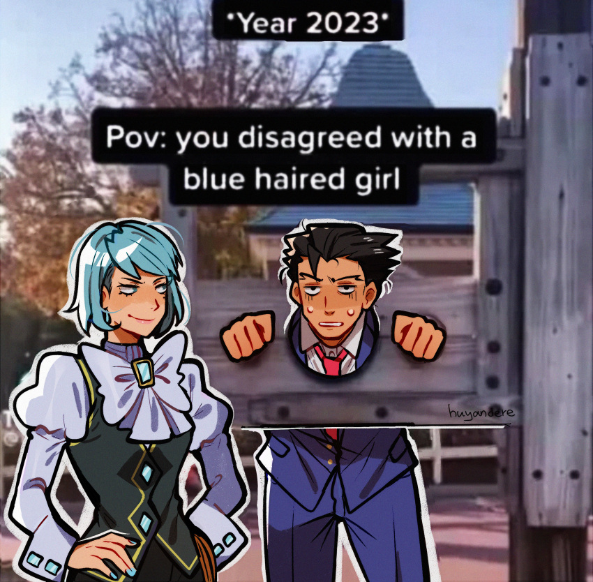 1boy 1girl absurdres ace_attorney artist_name black_hair black_skirt black_vest blue_eyes blue_hair blue_jacket blue_nails blue_pants blue_suit bow bowtie buttons clenched_teeth collared_shirt commentary cowboy_shot english_commentary english_text franziska_von_karma hands_on_own_hips highres huyandere jacket juliet_sleeves long_sleeves looking_at_another looking_at_viewer meme necktie outline pants phoenix_wright photo_background pillory pocket puffy_sleeves red_necktie restrained shirt short_hair skirt sleeve_cuffs smile smug spiky_hair standing suit suit_jacket sweat swept_bangs teeth upper_body vest white_bow white_bowtie white_outline white_shirt