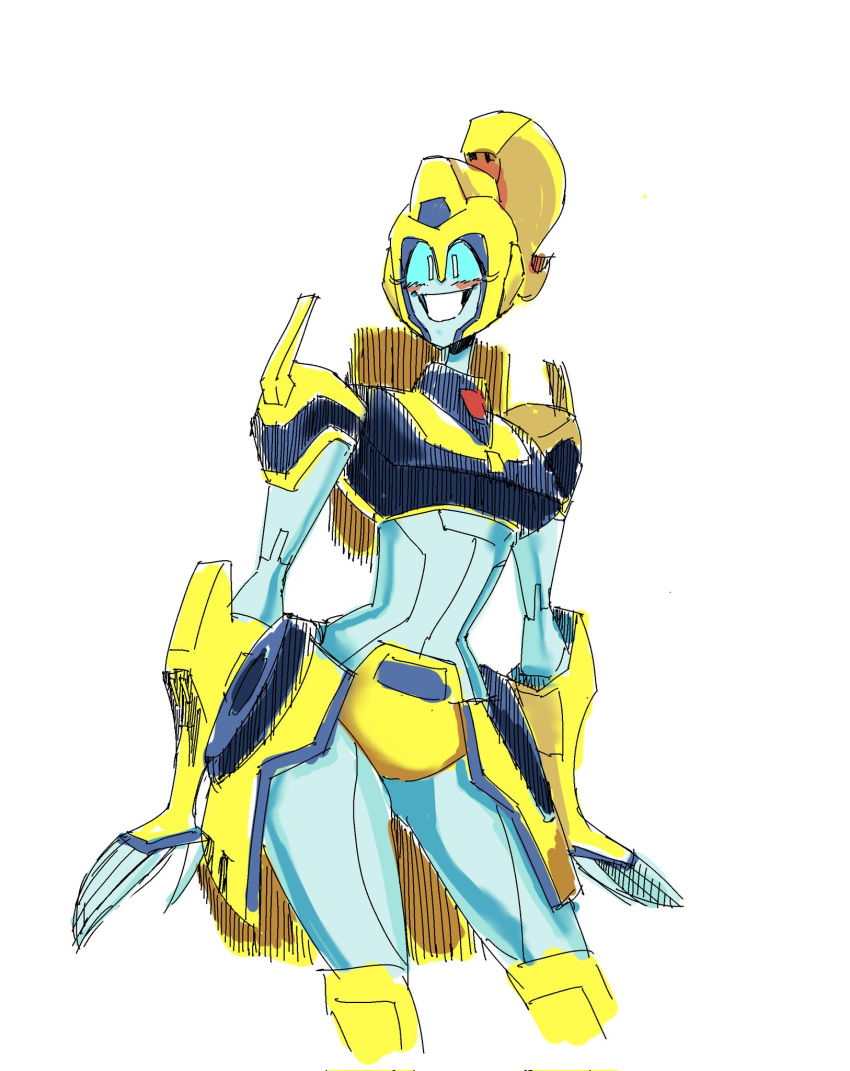 1girl autobot blue_hair blue_skin blush breasts colored_skin curvy elita_one highres itstom06331391 medium_breasts narrow_waist panties ponytail science_fiction simple_background smile solo transformers transformers_animated underwear white_background yellow_panties