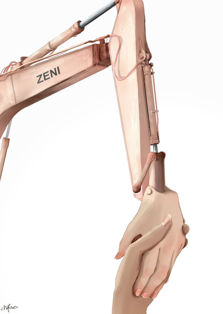 commentary_request crane_(machine) fingernails highres holding_hands original out_of_frame signature simple_background utsusemi_rari white_background