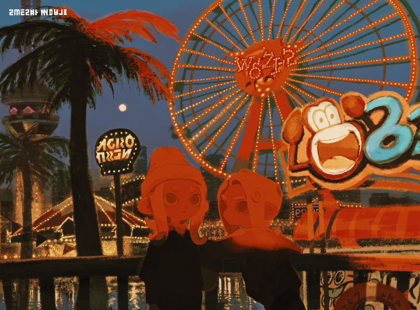 1boy 1girl against_railing amusement_park azigashimitoru beanie commentary empty_eyes ferris_wheel flipped_hair full_moon hat highres hikimayu inkling_(language) leaning_back leaning_forward lifebuoy lights long_hair long_sleeves looking_at_another looking_to_the_side looking_up moon octoling octoling_boy octoling_girl open_mouth outdoors palm_tree railing reflection reflective_water shadow sign splatoon_(series) splatoon_3 sweater symbol-only_commentary tentacle_hair thick_eyebrows tower tree twilight upper_body