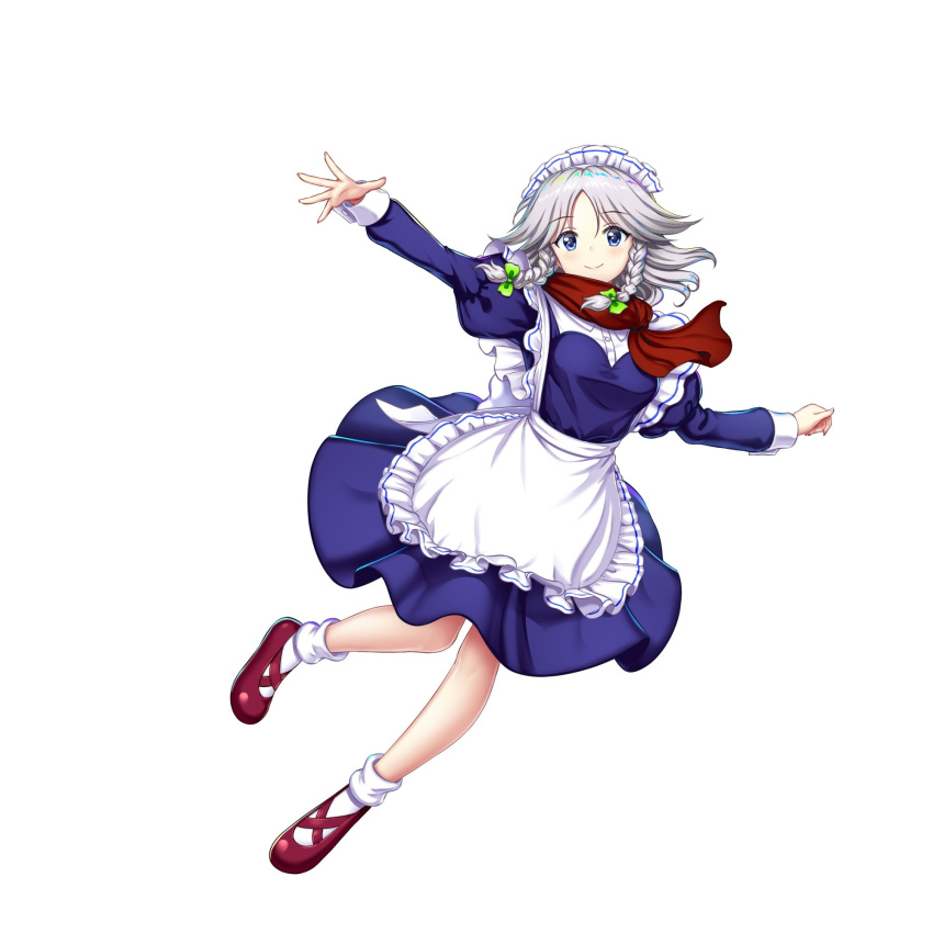 1girl apron aqua_eyes braid closed_mouth full_body game_cg grey_hair highres izayoi_sakuya juliet_sleeves long_sleeves looking_at_viewer maid maid_headdress perfect_cherry_blossom puffy_sleeves red_footwear rotte_(1109) side_braids simple_background smile socks solo third-party_source touhou touhou_lost_word twin_braids waist_apron white_apron white_background white_socks