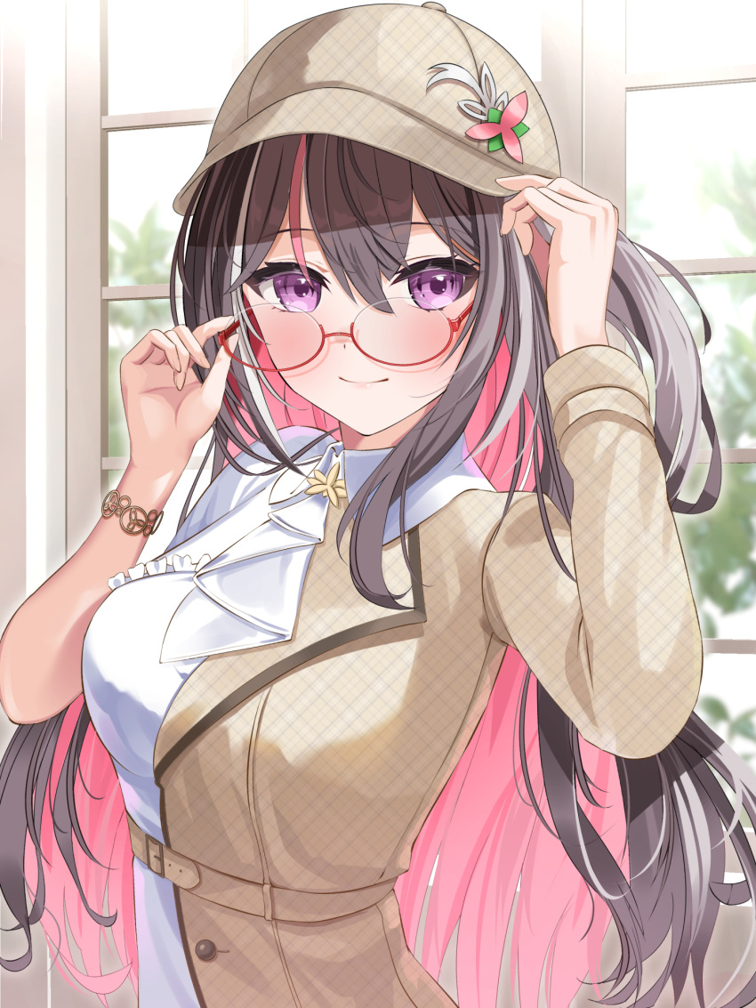 1girl ascot azki_(4th_costume)_(hololive) azki_(hololive) black_hair blush bracelet brown_coat brown_headwear closed_mouth coat collared_dress colored_inner_hair cowboy_shot deerstalker dress glasses hair_between_eyes hand_on_headwear hat high-low_skirt highres hololive indoors jewelry long_hair long_sleeves looking_at_viewer multicolored_hair official_alternate_hair_length official_alternate_hairstyle pink_hair red-framed_eyewear semi-rimless_eyewear side_ponytail smile solo streaked_hair takahira_(takahirac562) trench_coat under-rim_eyewear violet_eyes virtual_youtuber white_ascot white_dress white_hair window