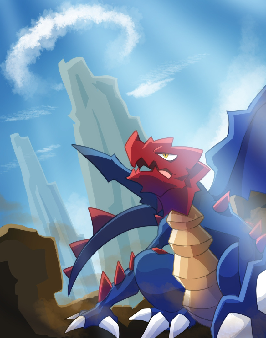 animal_focus blue_sky claws clouds dragon druddigon highres nikkado no_humans open_mouth outdoors pokemon pokemon_(creature) sharp_teeth sky spiked_tail tail teeth wings yellow_eyes