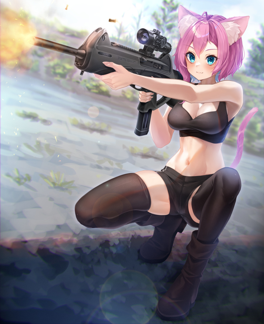 1girl absurdres animal_ears beretta_cx4 black_thighhighs blue_eyes boots cat_ears cat_girl cat_tail commission crop_top enpera_(jdud8375) firing gun highres holding holding_gun holding_weapon lens_flare muzzle_flash navel original outdoors pink_hair shell_casing short_hair short_shorts shorts skindentation solo squatting tail thigh-highs weapon
