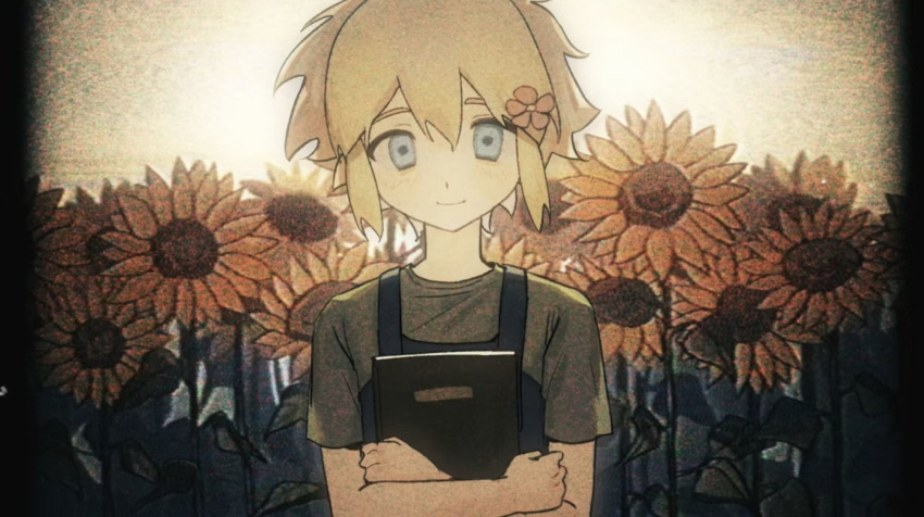 1boy basil_(omori) blackwh01396023 blonde_hair blue_eyes blue_overalls blush book closed_mouth crossed_arms flower green_shirt highres holding holding_book looking_at_viewer omori overalls shirt short_hair short_sleeves smile solo sunflower upper_body