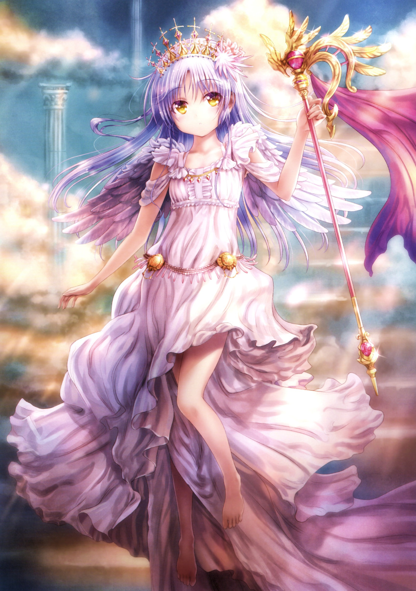 1girl absurdres alternate_costume angel angel_beats! angel_wings arm_at_side barefoot blue_sky blush breasts clouds column commentary day dress expressionless eyelashes eyes_visible_through_hair feathered_wings feet floating_hair frilled_dress frills full_body glint goto_p grey_hair highres holding holding_staff light_rays long_dress long_hair looking_at_viewer midair outdoors parted_bangs parted_lips pillar scan scepter sidelocks sky small_breasts solo staff sunbeam sunlight tachibana_kanade tiara toes wand white_dress white_wings wings yellow_eyes