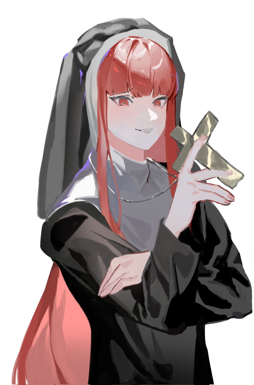 1girl black_dress black_veil capelet cross cross_necklace dress hand_on_own_arm highres holding holding_jewelry holding_necklace jewelry long_dress long_hair long_sleeves looking_at_viewer necklace parted_lips punishing:_gray_raven red_eyes redhead sidelocks solo traditional_nun veil vera_(punishing:_gray_raven) very_long_hair white_background white_capelet yongsadragon