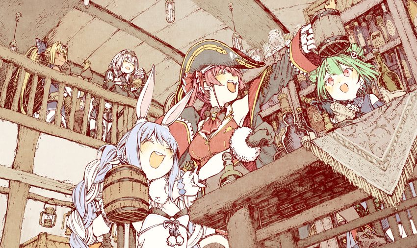 5girls :d abara_heiki alcohol animal_ear_fluff animal_ears armor bare_shoulders beer_mug bicorne black_bow black_gloves black_hairband blonde_hair blue_hair blush bottle bow braid breasts carrot_hair_ornament ceiling ceiling_light closed_eyes commentary cup dark-skinned_female dark_skin detached_sleeves don-chan_(usada_pekora) double_bun elf food-themed_hair_ornament from_below gloves green_hair grey_hair hair_bow hair_bun hair_ornament hairband hand_up hat highres holding holding_bottle holding_cup hololive hololive_fantasy houshou_marine indoors lantern liquor long_hair looking_at_another looking_down medium_breasts mug multicolored_hair multiple_girls open_mouth pirate_hat pointy_ears ponytail rabbit_ears red_eyes redhead shiranui_flare shirogane_noel sidelocks skull_hair_ornament smile table tablecloth tavern twin_braids twintails two-tone_hair uruha_rushia usada_pekora usada_pekora_(1st_costume) virtual_youtuber white_hair wine_bottle