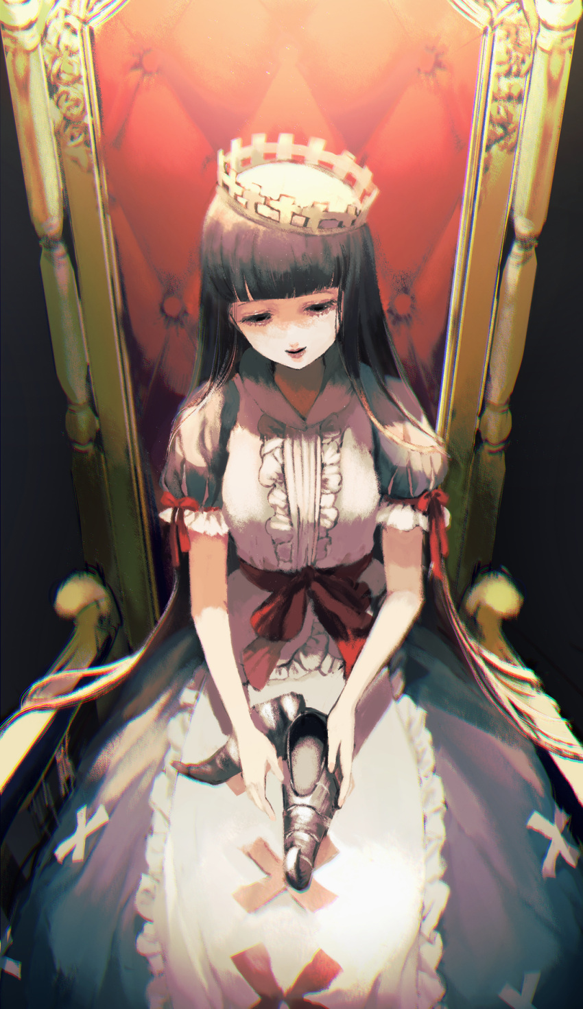 1girl black_hair blue_dress clip_studio_paint_(medium) closed_eyes crown dress highres long_hair marchen multicolored_clothes multicolored_dress pocochino puffy_short_sleeves puffy_sleeves schneewittchen shoes shoes_removed short_sleeves sitting solo sound_horizon throne white_dress