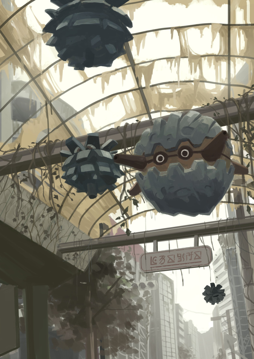 absurdres building commentary_request evolutionary_line forretress from_below hanging highres king_joe_(neoroto) no_humans overgrown pineco plant pokemon pokemon_(creature) sign spikes vines