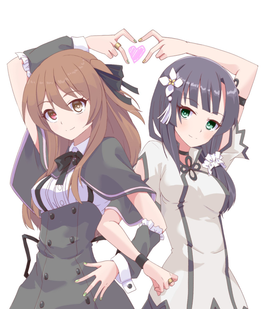 2girls arm_cutout arm_strap arm_up assault_lily black_capelet black_hair black_ribbon black_skirt blunt_bangs breasts brown_hair buttons capelet clothing_cutout collared_shirt detached_sleeves fingernails flower flower_knot frilled_sleeves frills green_nails gumoyu hair_between_eyes hair_flower hair_ornament hair_over_shoulder hair_ribbon hair_scrunchie heart heart_hands heart_hands_duo high-waist_skirt highres jewelry kuo_shenlin locked_arms long_hair low_ponytail medium_breasts multiple_girls nail_polish neck_ribbon one_side_up ribbon ring school_uniform scrunchie shirt side_ponytail sidelocks simple_background skirt standing suspender_skirt suspenders tassel tassel_hair_ornament upper_body wang_yujia white_background white_flower white_scrunchie white_shirt yellow_nails yurigaoka_girls_academy_school_uniform