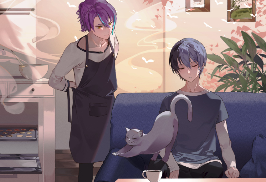 2boys absurdres aoyagi_touya apron blue_hair blue_shirt bowl cat closed_eyes closed_mouth cup dark_blue_hair grey_apron hair_between_eyes highres indoors kamishiro_rui layered_sleeves leaf long_sleeves looking_at_another male_focus multicolored_hair multiple_boys oven paint_moon plant project_sekai purple_hair shirt short_hair short_over_long_sleeves short_sleeves sitting sleeping sleeping_upright split-color_hair standing streaked_hair tray two-tone_hair yellow_eyes