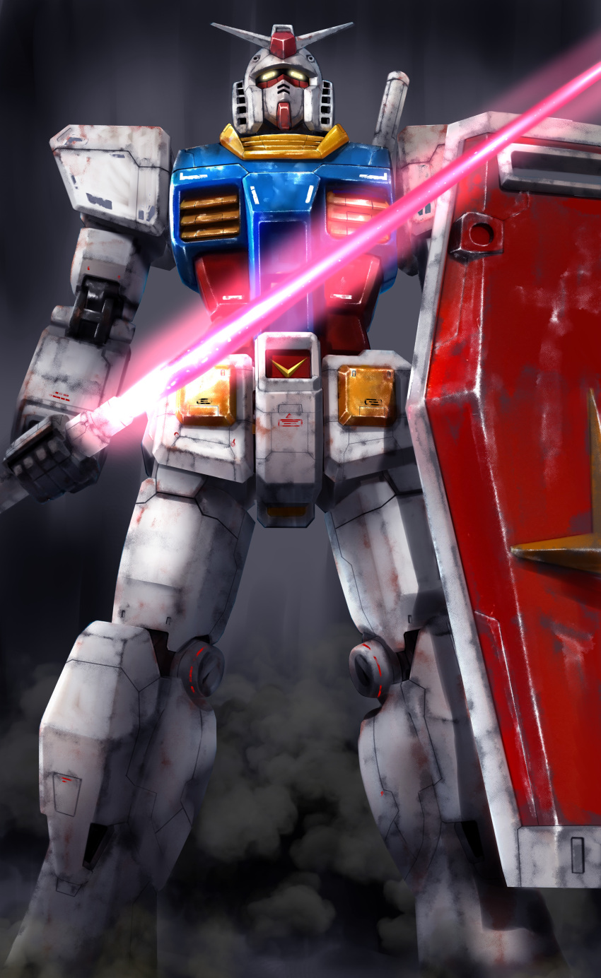 absurdres beam_saber damaged dirty earth_federation energy_beam glowing glowing_eyes gundam highres looking_at_viewer mecha mobile_suit mobile_suit_gundam nicobear_(user_rpsz5355) portrait robot roundel rx-78-2 science_fiction shield yellow_eyes