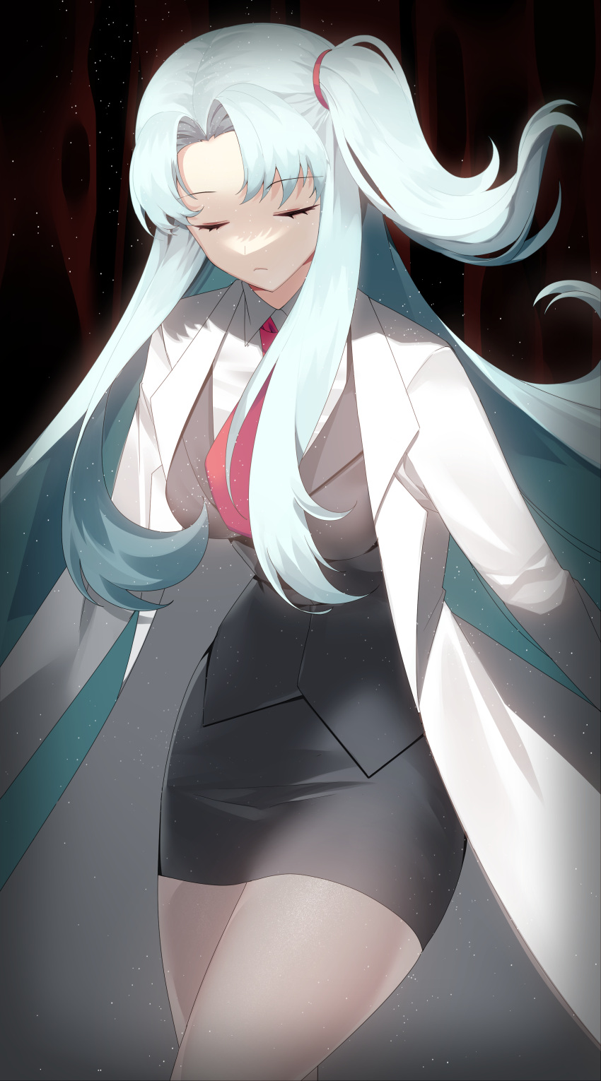 1girl absurdres angela_(project_moon) black_background black_skirt black_vest blood blue_hair breasts closed_eyes closed_mouth coat hi_i_dubu highres lab_coat large_breasts lobotomy_corporation long_hair long_sleeves necktie pantyhose parted_bangs pencil_skirt project_moon red_necktie side_ponytail sidelocks skirt solo very_long_hair vest white_coat wing_collar