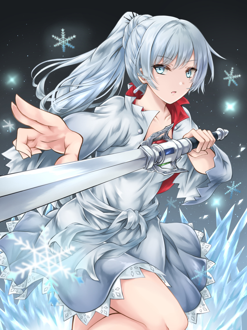 1girl aiming blue_eyes cropped_jacket dress earrings hair_ornament highres holding holding_sword holding_weapon jewelry kei_(asufend) light_particles long_hair myrtenaster outstretched_arm parted_lips ponytail rwby sash scar scar_across_eye scar_on_face short_dress snowflakes solo sword weapon weiss_schnee white_dress white_hair