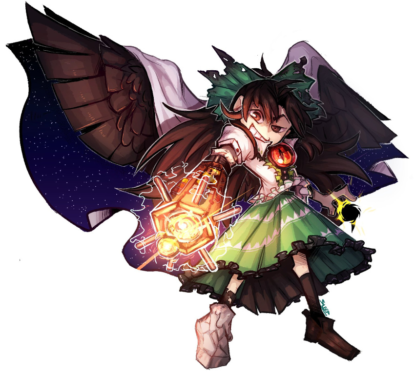1girl arm_cannon brown_eyes cape chest_jewel chibi full_body green_skirt highres long_hair open_mouth reiuji_utsuho simple_background skirt solo standing tapirsono touhou very_long_hair weapon white_background wings