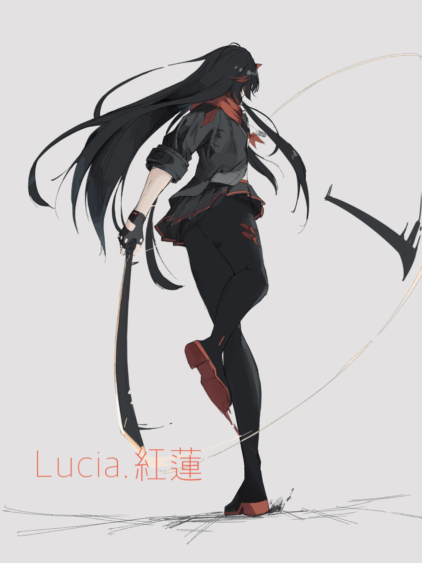 1girl black_hair black_jacket black_pantyhose black_skirt character_name commentary_request fake_horns from_behind grey_background highres holding holding_sword holding_weapon horns jacket katana long_hair lucia:_lotus_(punishing:_gray_raven) lucia_(punishing:_gray_raven) midriff miniskirt multicolored_hair negse_38u pantyhose pleated_skirt punishing:_gray_raven red_horns red_scarf redhead scarf short_sleeves sidelocks skirt solo streaked_hair sword translation_request weapon