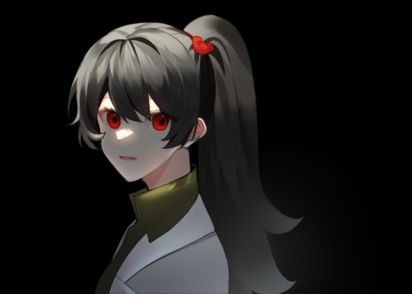 1girl black_background brown_hair carmen_(project_moon) coat collared_shirt green_shirt hi_i_dubu highres lab_coat lobotomy_corporation long_hair long_sleeves looking_at_viewer parted_lips project_moon red_eyes shirt side_ponytail simple_background smile solo very_long_hair white_coat