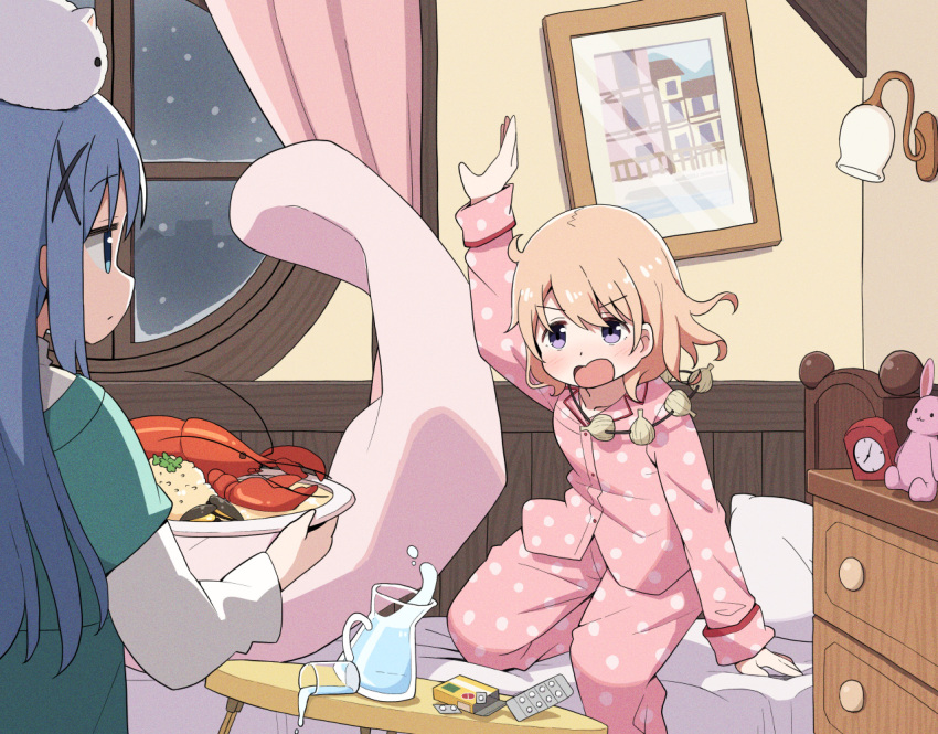2girls bed bedroom blue_eyes blue_hair clock cup drawer food garlic gochuumon_wa_usagi_desu_ka? holding holding_plate hoto_cocoa kafuu_chino lobster long_sleeves medicine medicine_box mohei multiple_girls mussel open_mouth orange_hair pajamas picture_frame pink_pajamas pitcher_(container) plate polka_dot polka_dot_pajamas sleepwear snowing spill stuffed_animal stuffed_toy table tippy_(gochiusa) violet_eyes wall_lamp water window