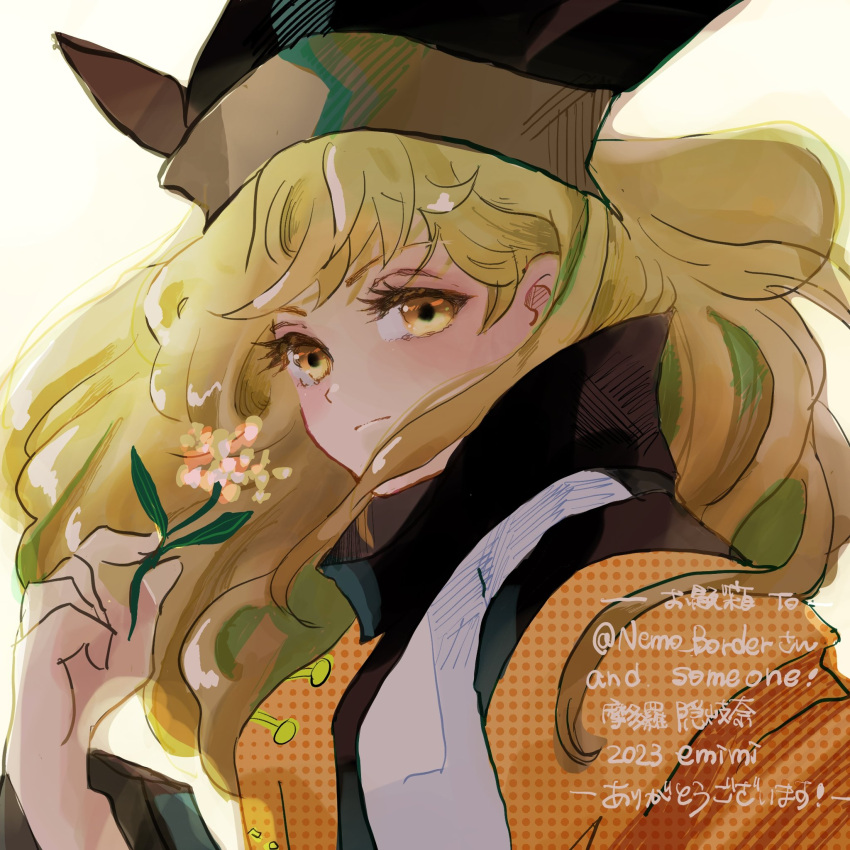 1girl blonde_hair blush breasts closed_mouth commentary_request emimi_(emimi_28) expressionless hat highres holding long_hair looking_at_viewer matara_okina medium_breasts portrait simple_background solo tabard touhou very_long_hair white_background yellow_eyes