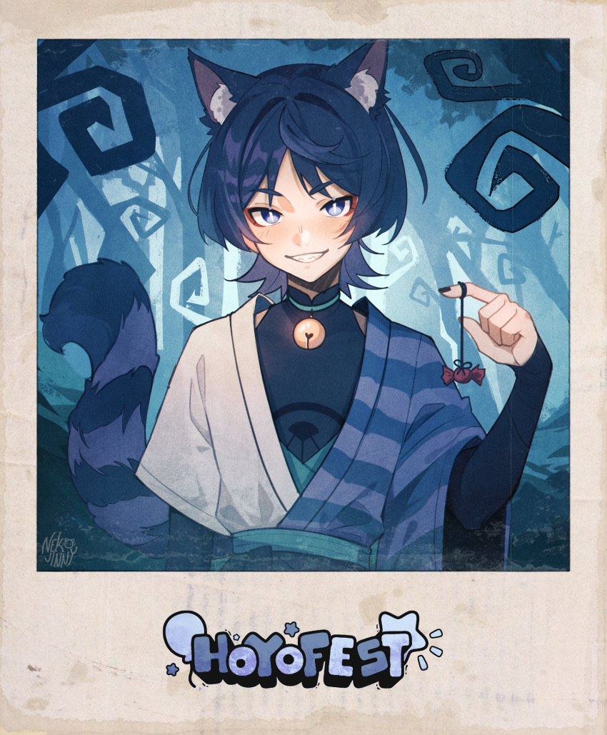 1boy alice_in_wonderland animal_ears bell black_nails cat_boy cat_ears cat_tail cheshire_cat_(alice_in_wonderland) cheshire_cat_(alice_in_wonderland)_(cosplay) cosplay extra_ears genshin_impact highres japanese_clothes long_sleeves looking_at_viewer male_focus neck_bell nekojinnyart purple_hair red_eyeliner scaramouche_(genshin_impact) short_hair smile smirk solo tail violet_eyes