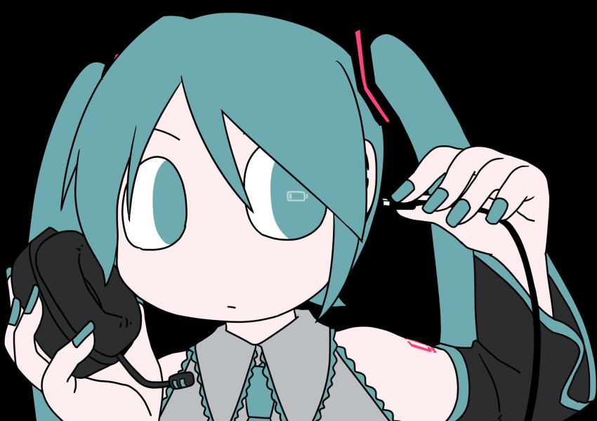 1girl android battery_indicator black_background blue_eyes blue_hair blue_nails blue_necktie cable charging_device closed_mouth collared_shirt detached_sleeves earphones explosion_psycho expressionless flat_color grey_shirt hair_ornament hands_up hatsune_miku highres holding holding_cable holding_earphones long_hair necktie portrait shirt shoulder_tattoo sideways_glance simple_background sleeveless sleeveless_shirt solo symbol_in_eye tattoo twintails vocaloid