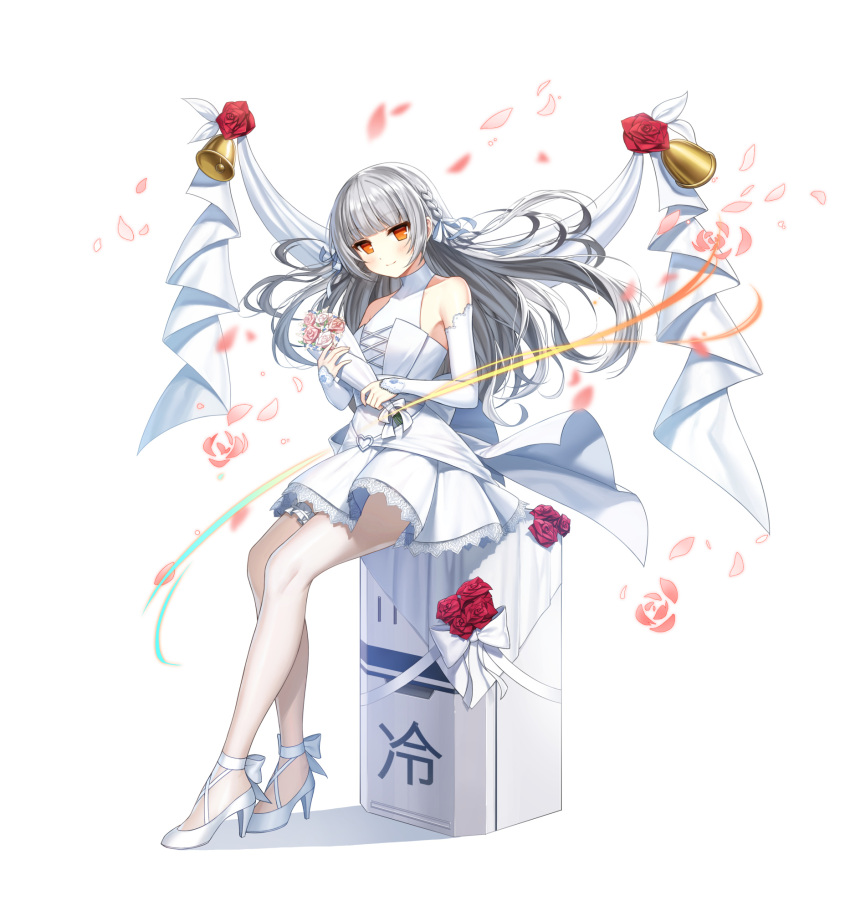 1girl ankle_bow back_bow banner bare_shoulders bell blunt_bangs blush bouquet bow braid bridal_gauntlets chinese_text closed_mouth closers dress falling_petals floating_hair flower full_body grey_hair hair_ribbon high_heels highres holding holding_bouquet lace-trimmed_dress lace_trim long_hair looking_at_viewer no_pupils official_art orange_eyes pantyhose petals pink_flower pink_rose red_flower red_rose refrigerator ribbon rose short_dress side_braids sitting sleeveless sleeveless_dress smile solo tachi-e tina_(closers) wedding_dress white_background white_bow white_bridal_gauntlets white_dress white_flower white_footwear white_pantyhose white_ribbon white_rose