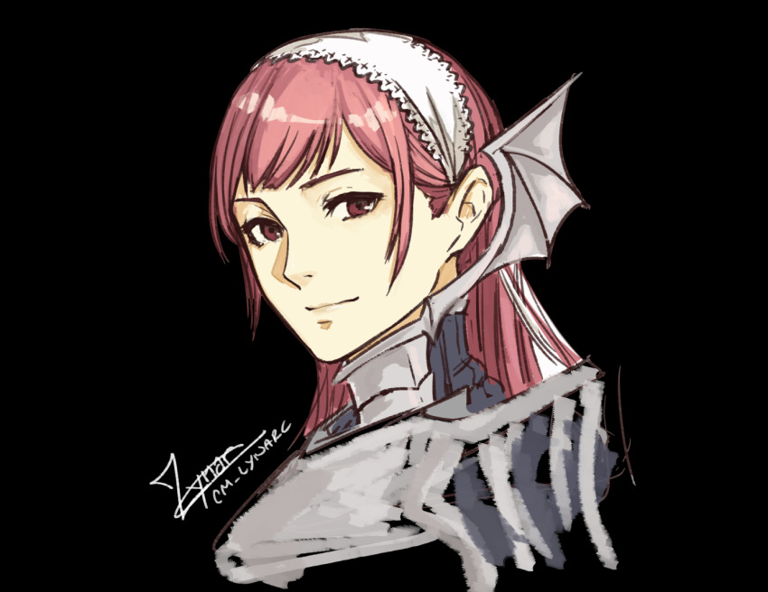 1girl armor artist_name cherche_(fire_emblem) cm_lynarc fire_emblem fire_emblem_awakening headdress long_hair looking_at_viewer pink_hair red_eyes smile solo upper_body