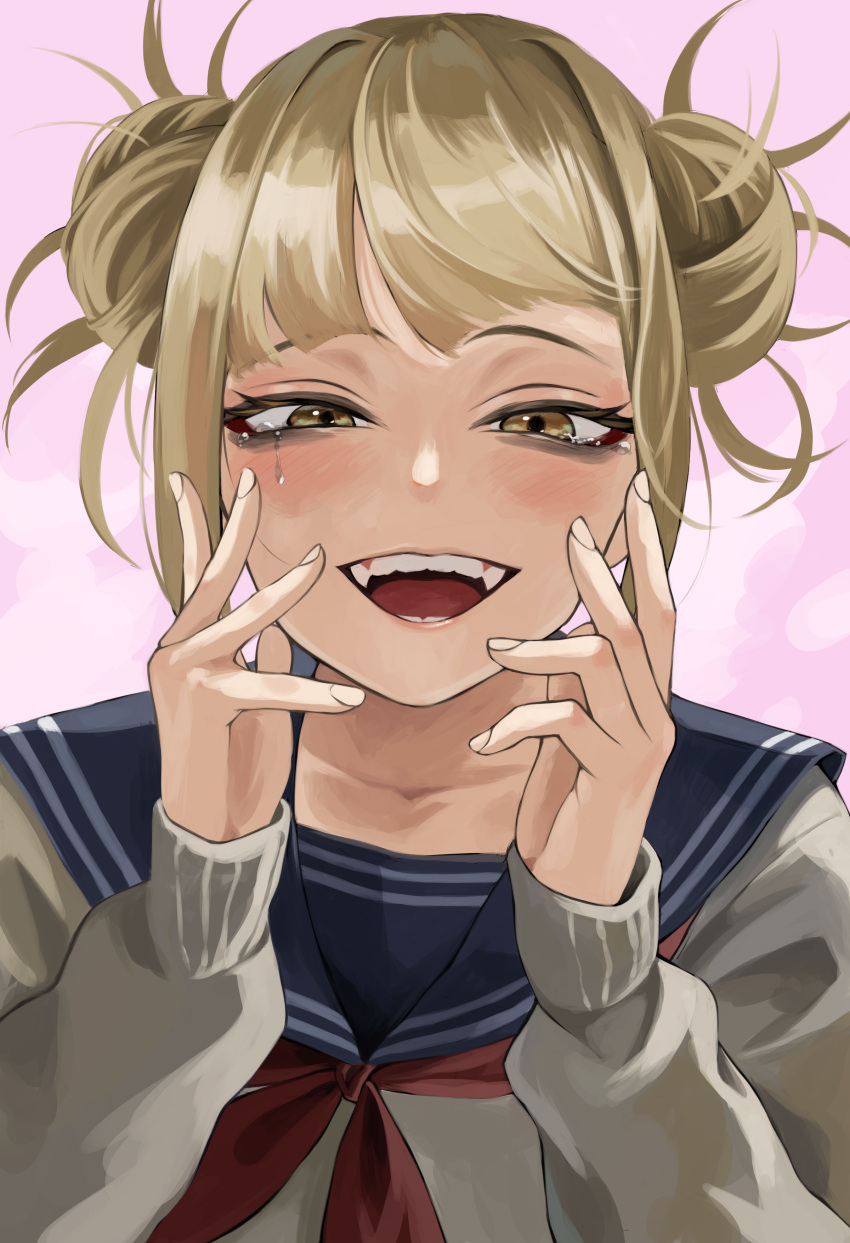 1girl absurdres blonde_hair blue_sailor_collar blunt_bangs boku_no_hero_academia cardigan crying crying_with_eyes_open double_bun fengling_(furin-jp) hair_bun hands_up highres looking_at_viewer messy_hair neckerchief open_mouth red_neckerchief sailor_collar short_hair sidelocks solo tears toga_himiko yellow_cardigan yellow_eyes