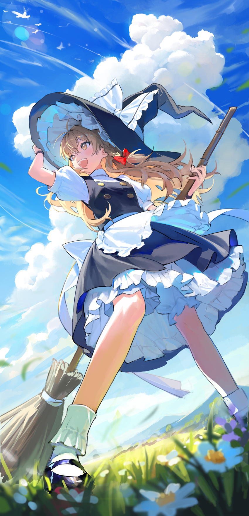 1girl absurdres apron black_skirt black_vest blonde_hair bloomers blue_sky bow braid breasts broom butyou_(mika1412) clouds falling_leaves floating_hair flower grass hair_bow hand_on_headwear hat hat_bow highres holding holding_broom kirisame_marisa leaf long_hair outdoors petticoat puffy_short_sleeves puffy_sleeves shirt short_sleeves single_braid skirt sky small_breasts solo touhou underwear very_long_hair vest waist_apron white_bloomers white_shirt witch_hat