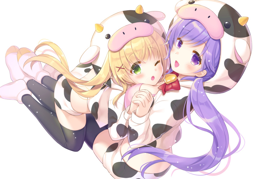 2girls :d :o animal_ears animal_hood animal_print bell between_breasts black_thighhighs blonde_hair blush bow bra breasts commentary_request cow cow_ears cow_horns cow_print cowbell cropped_hoodie eyelashes eyes_visible_through_hair fingernails floating_hair foreshortening full_body green_eyes hair_between_eyes hair_ornament head_between_breasts holding_hands hood hoodie horns hoshimame_mana hug interlocked_fingers kneeling large_breasts long_hair looking_at_viewer low_twintails mizuori_shizuku multiple_girls open_mouth pink_bra pink_footwear purple_hair red_bow shorts simple_background sitting skindentation smile sparkle summer_pockets thigh-highs thighs tsumugi_wenders twintails underwear very_long_hair violet_eyes white_background white_hoodie white_shorts wings x_hair_ornament yuri