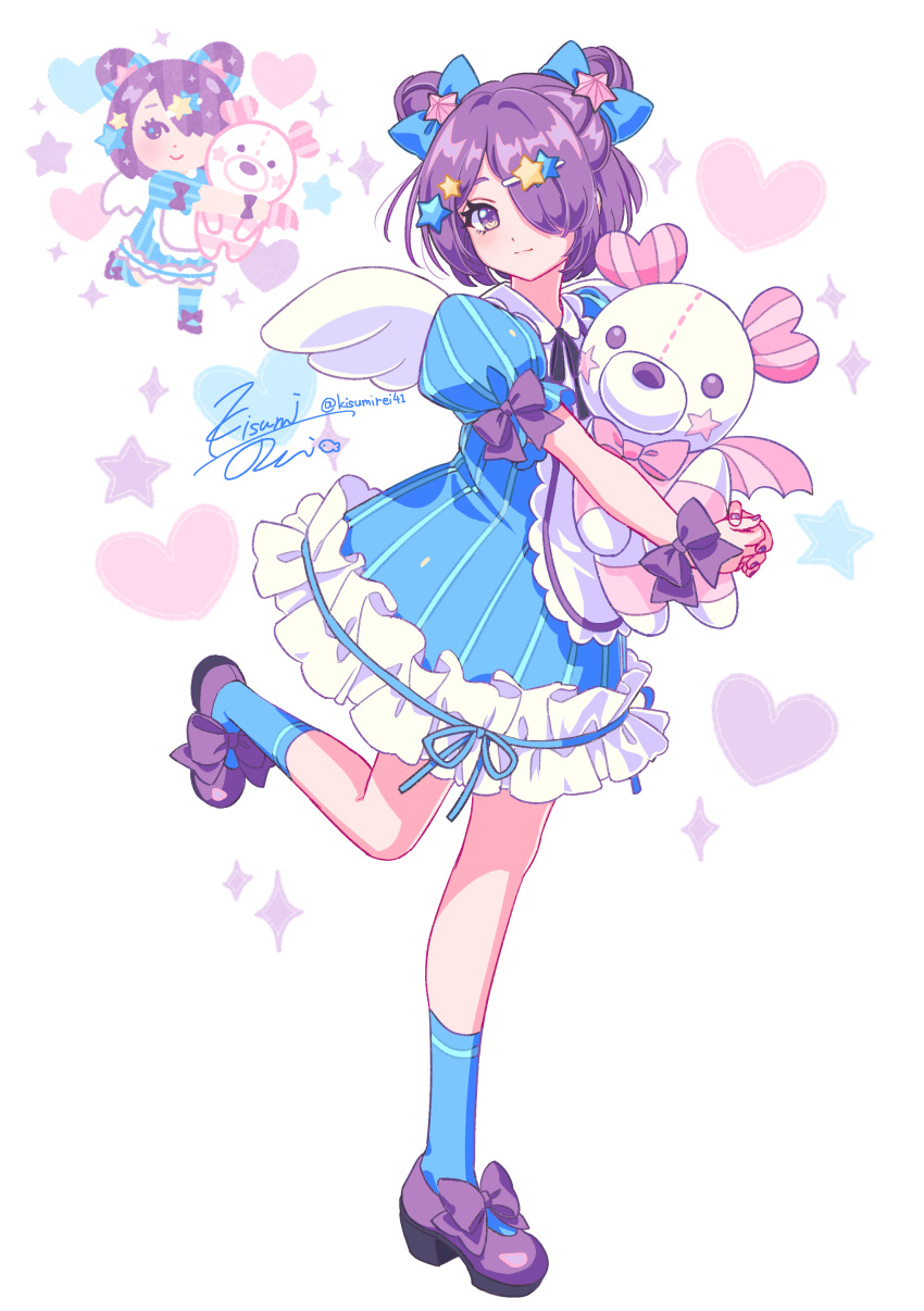 1girl absurdres apron blue_bow blue_dress blue_socks blush bow closed_mouth collared_dress double_bun dress frilled_dress frills full_body hair_bow hair_bun hair_ornament hair_over_one_eye hairclip heart highres holding holding_stuffed_toy irasutoya kisumi_rei looking_at_viewer mary_janes object_hug puffy_short_sleeves puffy_sleeves purple_footwear purple_hair purple_ribbon ribbon shoes short_hair short_sleeves signature smile socks solo sparkle standing standing_on_one_leg star_(symbol) star_hair_ornament stuffed_toy twitter_username violet_eyes white_apron white_background white_wings wings yume_kawaii yumekawa_joshi_(irasutoya)
