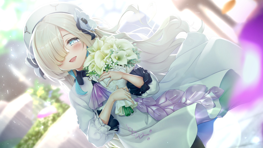 1girl ascot backlighting beret black_pantyhose blue_eyes blue_hair blush bouquet collared_dress dress flower fountain grey_hair hair_flower hair_ornament hair_over_one_eye hat highres holding holding_bouquet isekai_joucho kamitsubaki_studio long_hair looking_at_viewer multicolored_hair open_mouth pantyhose petals rocky0206 smile solo two-tone_hair upper_body virtual_youtuber white_dress white_headwear