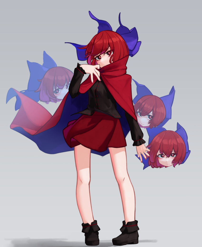 1girl absurdres black_footwear black_shirt blue_bow bow cape cloak commentary_request commission disembodied_head floating_head full_body hair_bow high_collar highres looking_at_viewer multiple_heads red_cloak red_eyes red_skirt redhead sekibanki shirt short_hair simple_background skeb_commission skirt solo touhou zakozako_y