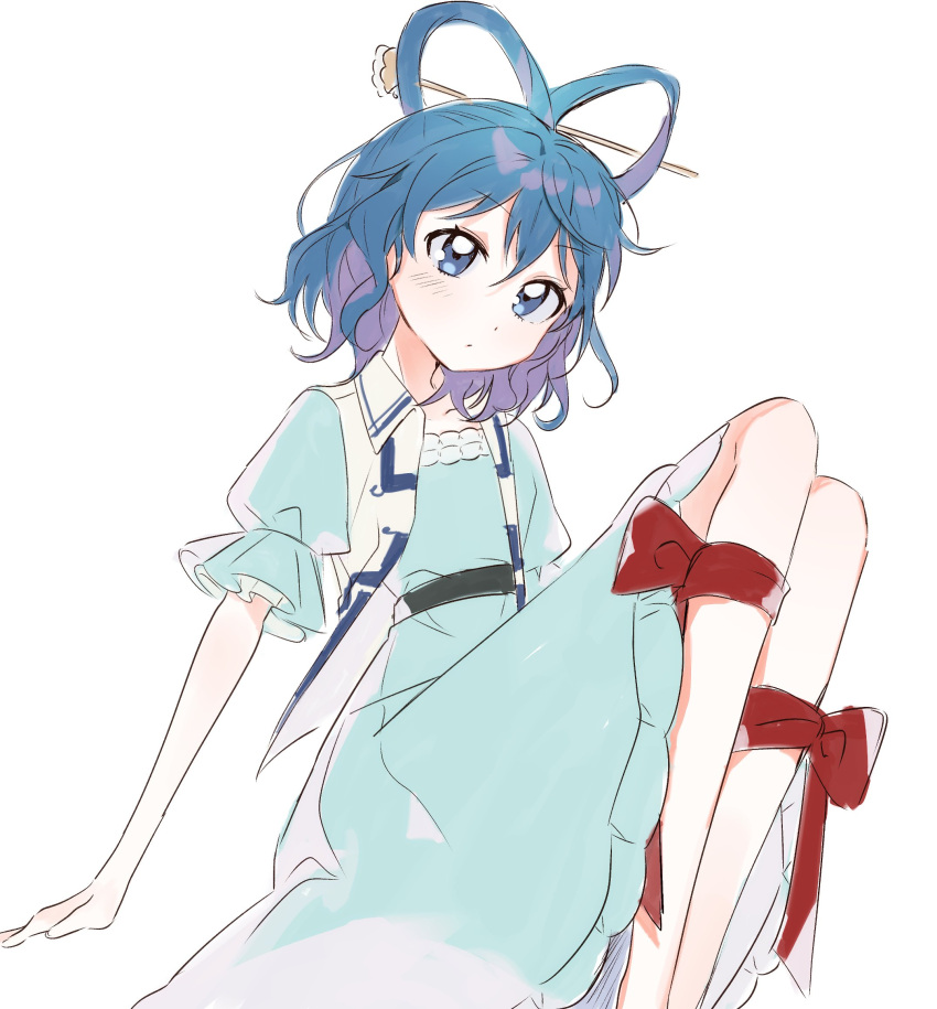 1girl arm_support blue_dress blue_eyes blue_hair dress expressionless feet_out_of_frame flat_chest hair_ornament hair_rings hair_stick highres j_(ppxx3543) kaku_seiga knees_up leaning_back leg_ribbon red_ribbon ribbon simple_background sitting solo touhou white_background