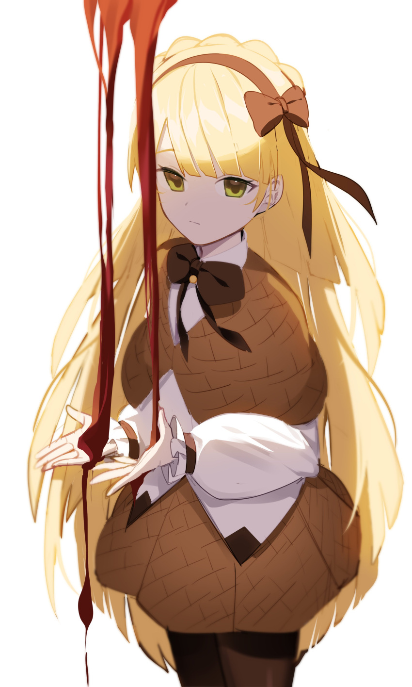1girl absurdres blonde_hair blood bow bowtie braid brown_bow brown_bowtie brown_capelet brown_hairband brown_pantyhose brown_skirt capelet closed_mouth cowboy_shot crown_braid frilled_sleeves frills green_eyes hair_bow hairband hi_i_dubu highres lobotomy_corporation long_hair long_sleeves looking_at_viewer pantyhose project_moon puffy_long_sleeves puffy_sleeves shirt simple_background skirt solo tiphereth_a_(project_moon) very_long_hair white_background white_shirt