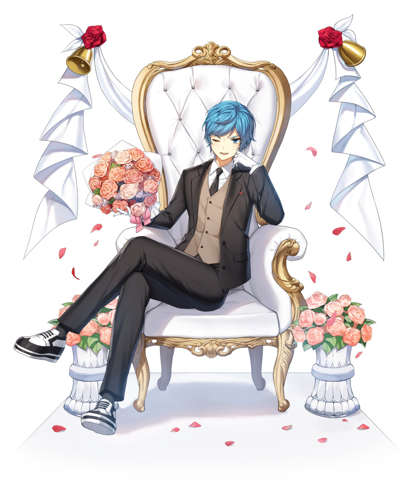 1boy ;d armchair banner bell black_jacket black_necktie black_pants black_socks blue_eyes blue_hair bouquet bow brown_vest chair closers collared_shirt crossed_legs elbow_rest falling_petals flower flower_pot full_body gloves hands_up head_rest highres holding holding_bouquet jacket looking_at_viewer male_focus nata_(closers) necktie official_art on_chair one_eye_closed oxfords pants petals pink_bow pink_flower pink_rose plant potted_plant red_flower red_rose rose shirt short_hair sitting smile socks solo suit swept_bangs tachi-e v-shaped_eyebrows vest white_background white_footwear white_gloves white_shirt