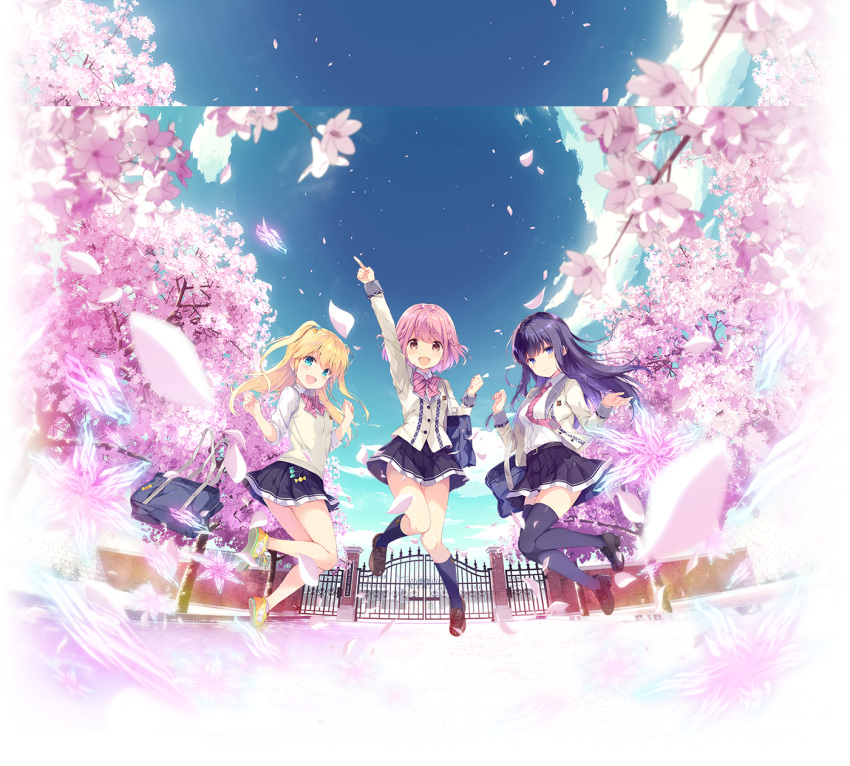ankle_socks bag black_skirt black_socks blonde_hair blue_eyes blue_sky bow breasts brown_eyes cherry_blossoms closed_mouth floating_hair fujisawa_yuzu hair_ornament highres holding holding_bag hoshizaki_akari jumping loafers long_hair looking_at_viewer medium_breasts misumi_aoi multiple_girls necktie official_art ongeki open_mouth petals pink_bow pink_hair pink_necktie pleated_skirt pointing pointing_up purple_hair school_bag school_emblem school_gateway school_uniform shirt shoes short_hair skirt sky small_breasts smile sneakers socks striped striped_bow striped_necktie sweater_vest thigh-highs twintails violet_eyes w_arms white_shirt