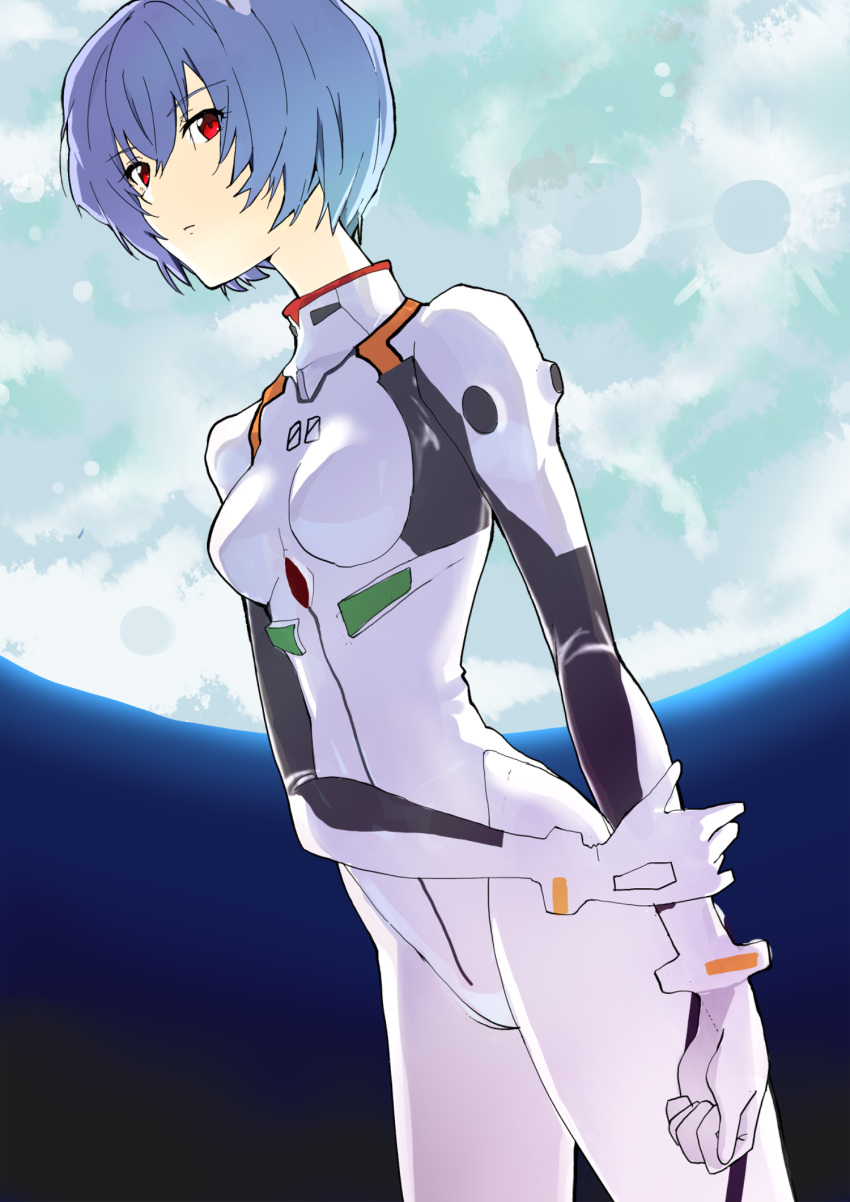 1girl arm_at_side ayanami_rei blue_hair bodysuit breasts commentary cowboy_shot dutch_angle expressionless from_side full_moon hand_on_own_arm highres interface_headset looking_at_viewer looking_to_the_side moon neon_genesis_evangelion night night_sky outdoors pale_skin pilot_suit plugsuit red_eyes short_hair sky small_breasts solo standing white_bodysuit yoshioka_pochi