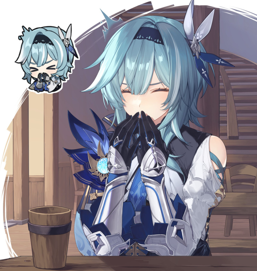 &gt;_&lt; 1girl ^^^ bar_(place) black_gloves black_hairband blue_cape blue_hair blue_necktie breasts cape chibi closed_eyes closed_mouth clothing_cutout covering_mouth ebibi_chiriri eula_(genshin_impact) genshin_impact gloves hair_between_eyes hair_ornament hairband hand_over_own_mouth hands_up highres indoors long_sleeves looking_at_viewer medium_hair mini_person necktie shoulder_cutout sidelocks sitting sneezing solo upper_body vision_(genshin_impact) white_sleeves wide_sleeves wooden_cup