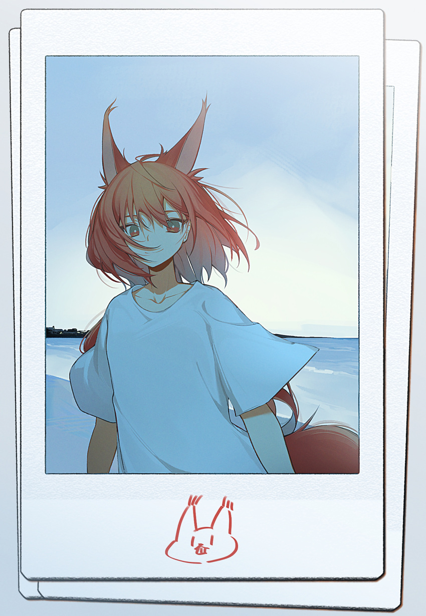 1girl absurdres animal_ears arknights beach bright_pupils collarbone evening extra_ears flametail_(arknights) grey_sky hair_between_eyes highres looking_at_viewer ocean outdoors photo_(object) red_eyes redhead shirt short_sleeves signal_1120 sky smile solo squirrel_ears squirrel_girl squirrel_tail t-shirt tail upper_body white_pupils white_shirt wind
