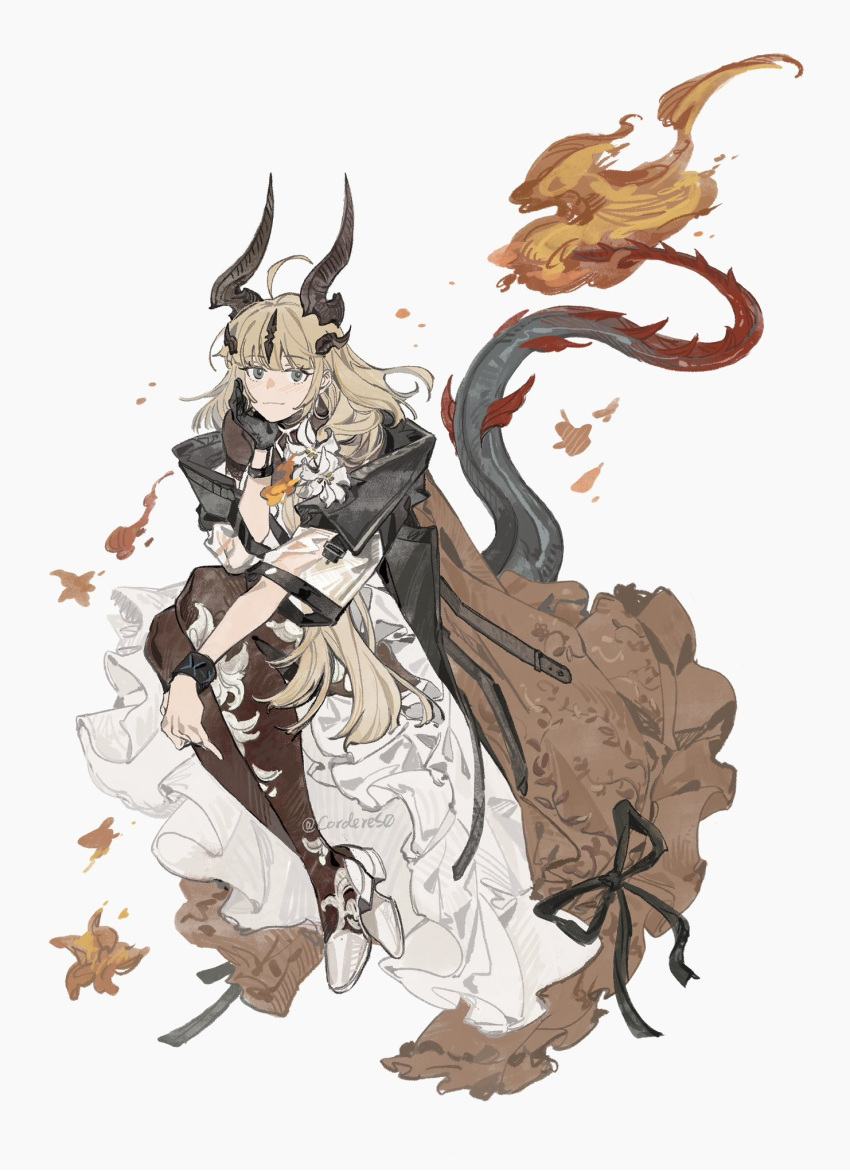 1girl ahoge arknights artist_name black_bracelet black_jacket black_pantyhose blonde_hair closed_mouth dragon_girl dragon_horns dragon_tail dress flame-tipped_tail flower full_body grey_eyes hand_on_own_cheek hand_on_own_face highres horns infection_monitor_(arknights) jacket knees_up lenereco long_hair looking_at_viewer open_clothes open_jacket pantyhose reed_(arknights) reed_the_flame_shadow_(arknights) see-through see-through_sleeves simple_background solo tail very_long_hair white_background white_dress white_flower white_footwear